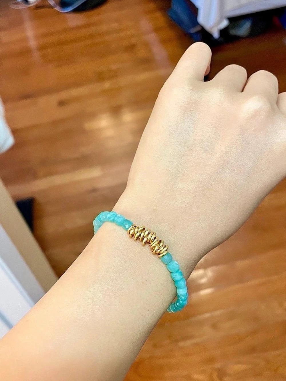 Gold Filled Genuine Natural Amazonite Blue Green Beaded Bracelet
